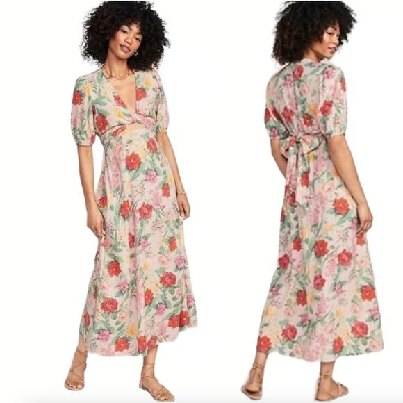 Old Navy Pink Floral Linen Midi Maxi Dress L Large Twist Tie Wrap Puff Sleeve - Picture 1 of 8